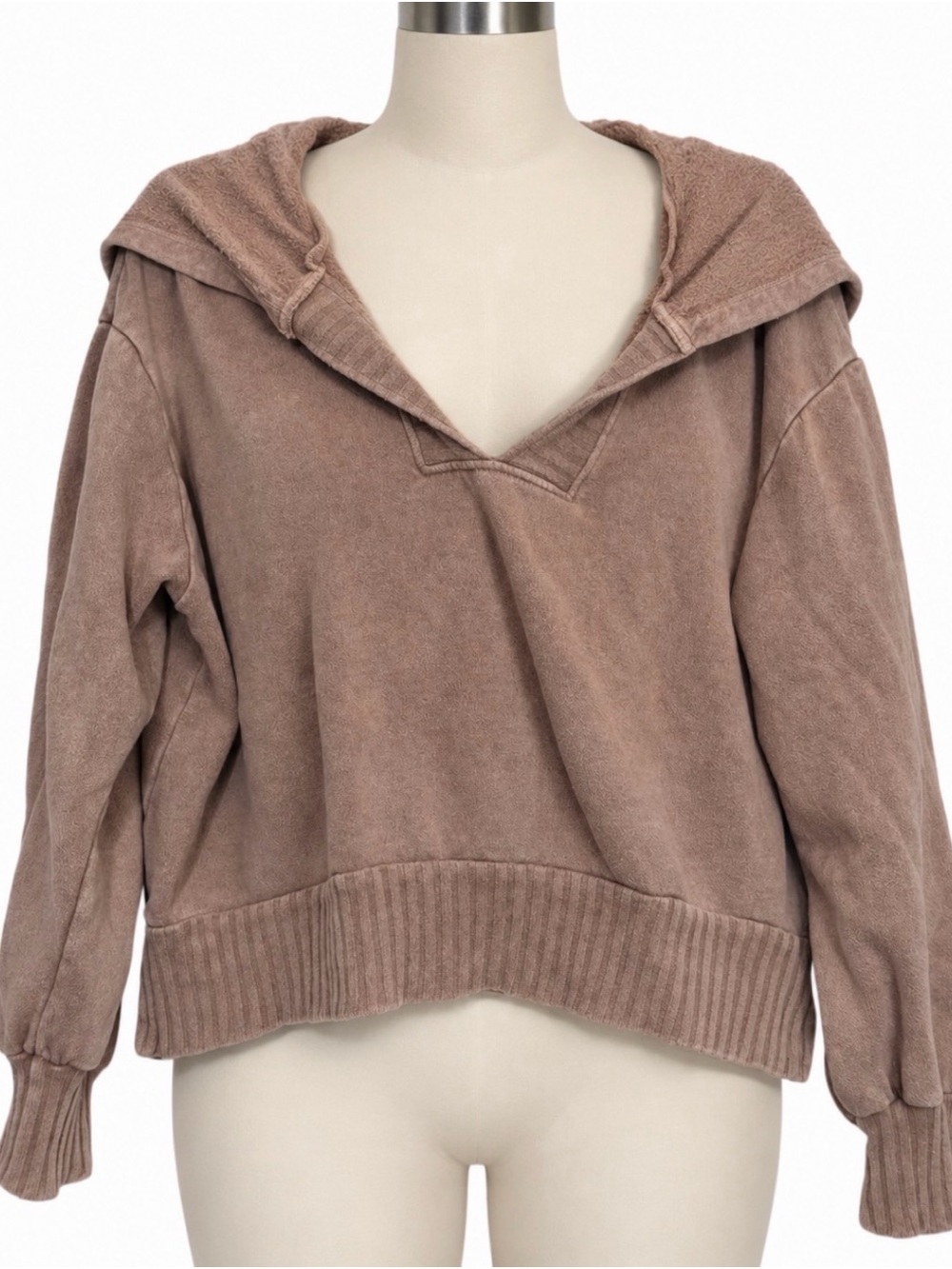 Project Social T Relaxed V-Neck Hooded Pullover in Taupe